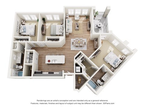 A 3D floor plan of a house with a kitchen, living room, and two bedrooms.